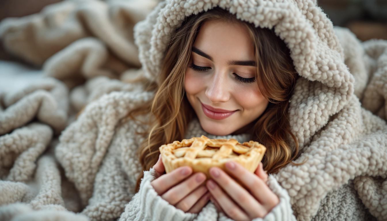 Imagine the comfort you get from a cozy blanket on a cold day. Now picture yourself enjoying a warm slice of apple pie. Capturing the soothing essence of emotional eating, focus on the details: the flakiness of the crust on the pie, the cinnamon aroma wafting through the air, and the gentle, loving expression on your face.