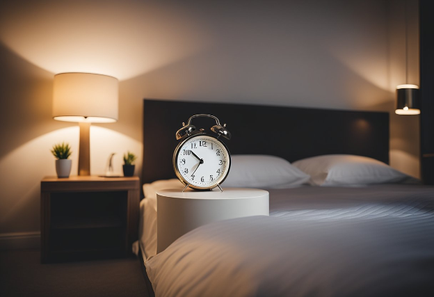 Old time clock with bells atop a bed