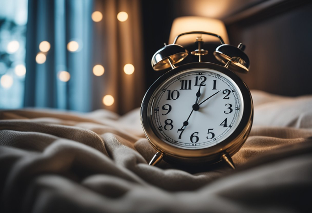 Old time clock with bells on top of bed