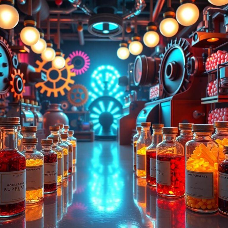 art deco lab inspired by wonka showing jars of supplements