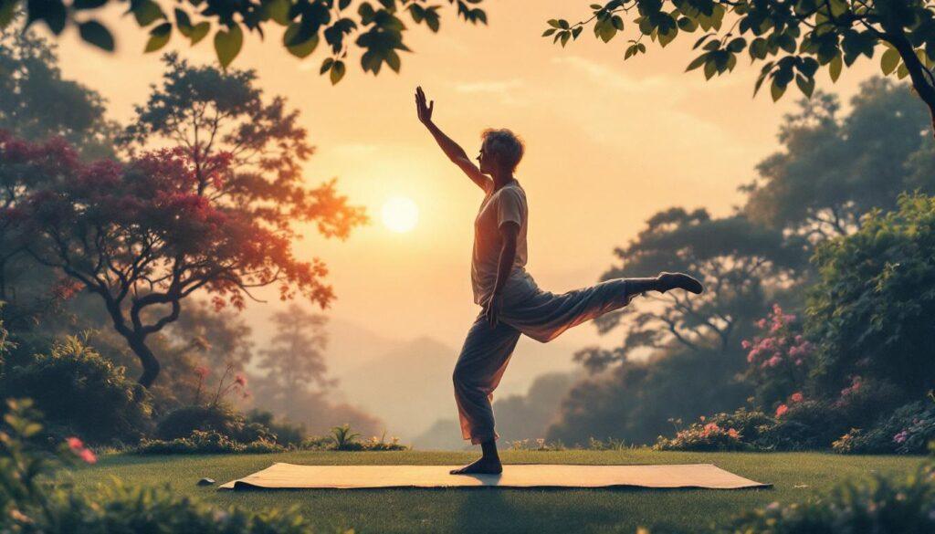 a middle-aged person gracefully balancing on a meditation mat in a serene garden, styled like a classic Japanese woodblock print