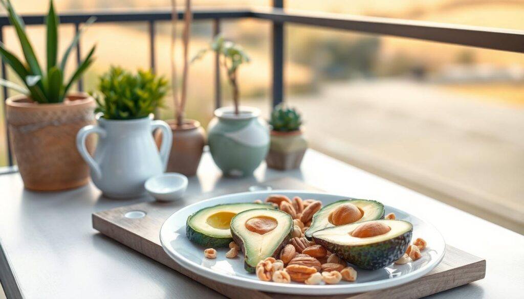 A serene breakfast scene on a balcony, featuring a balanced platter of avocados and nuts, reflecting diet changes and making good choices. Captured in a soft watercolor style, evoking tranquility