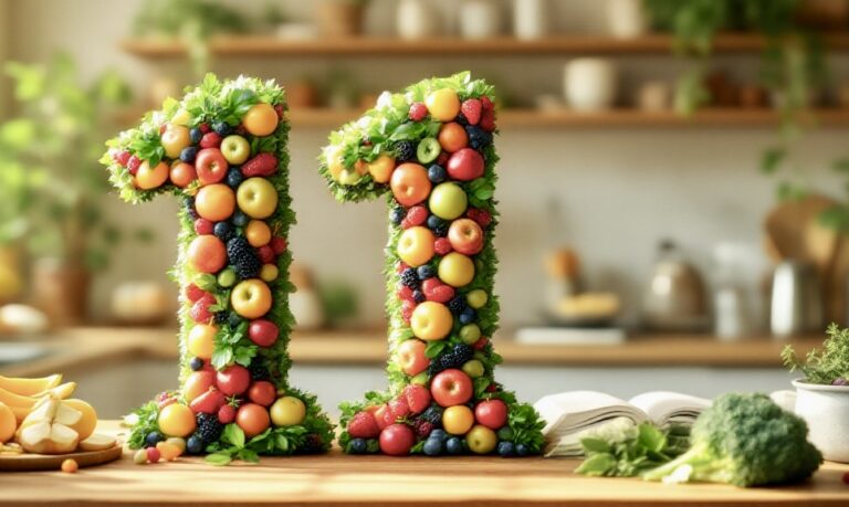 11 nutrition lifestyles represented as the number 11 out of fruits.
