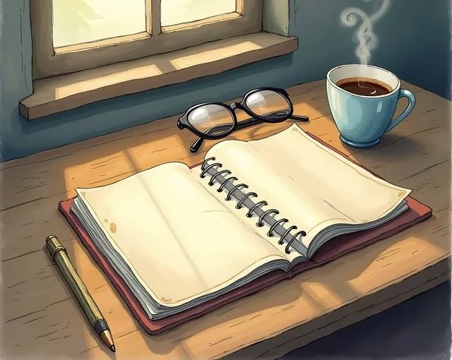 Open weight loss journal next to reading glasses and a cup of hot coffee
