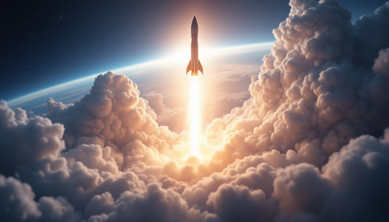 Futuristic rocket launch, bright flames and thick smoke, breaking through clouds, Earth visible below, cinematic lighting.
Retro-style rocket ascending fast, bold red and white design, glowing exhaust, clear atmosphere