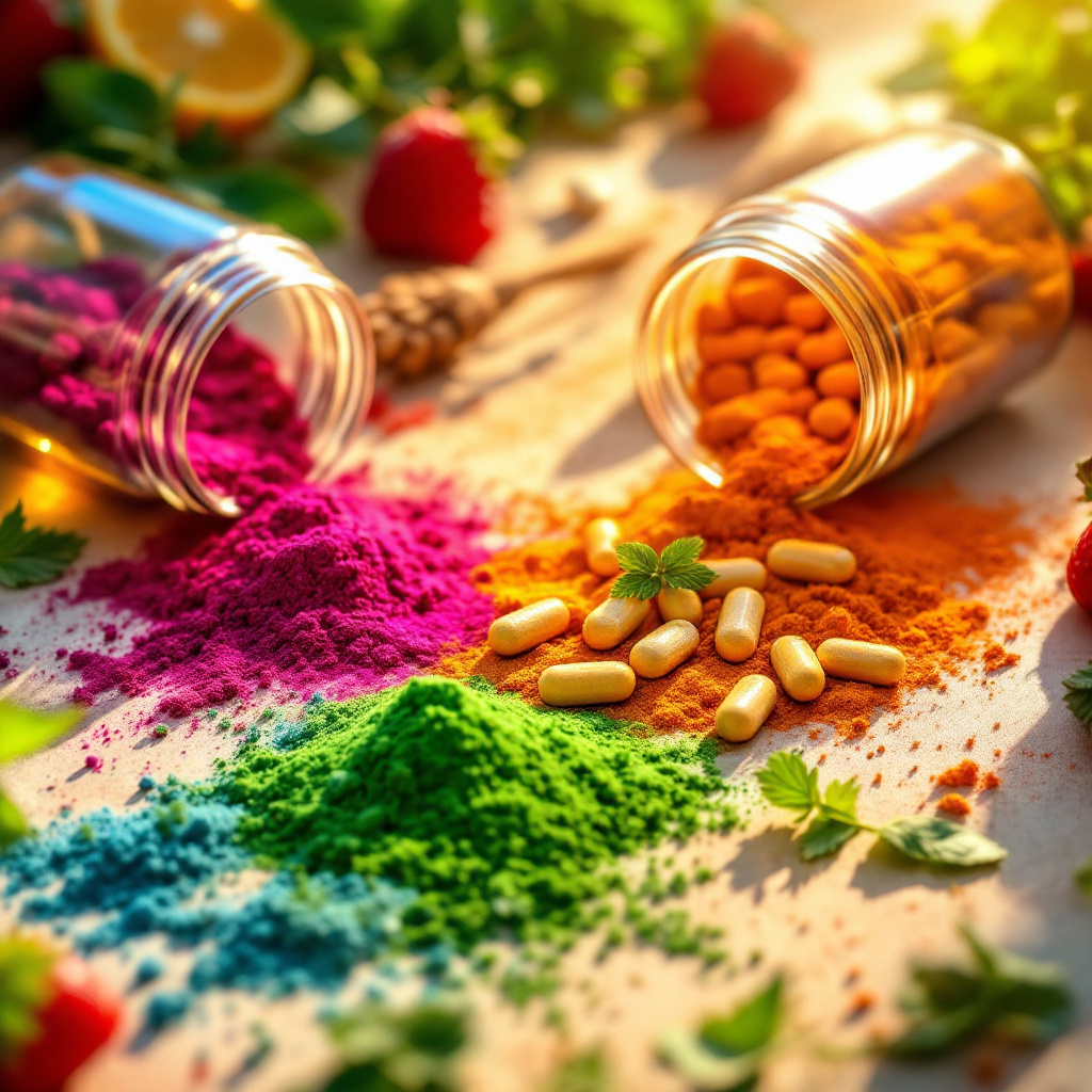 Colorful powder supplements spilling from jars, surrounded by fresh herbs and fruits, warm natural lighting.