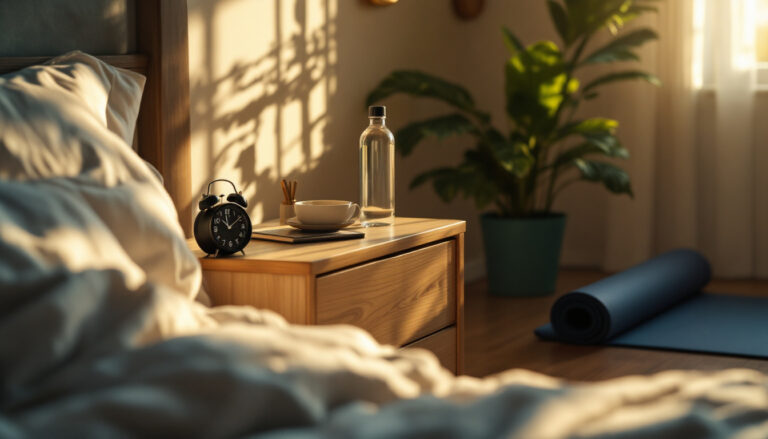 Morning routine: alarm buzzes, water bottle on nightstand, yoga mat nearby, cozy morning light streaming in.