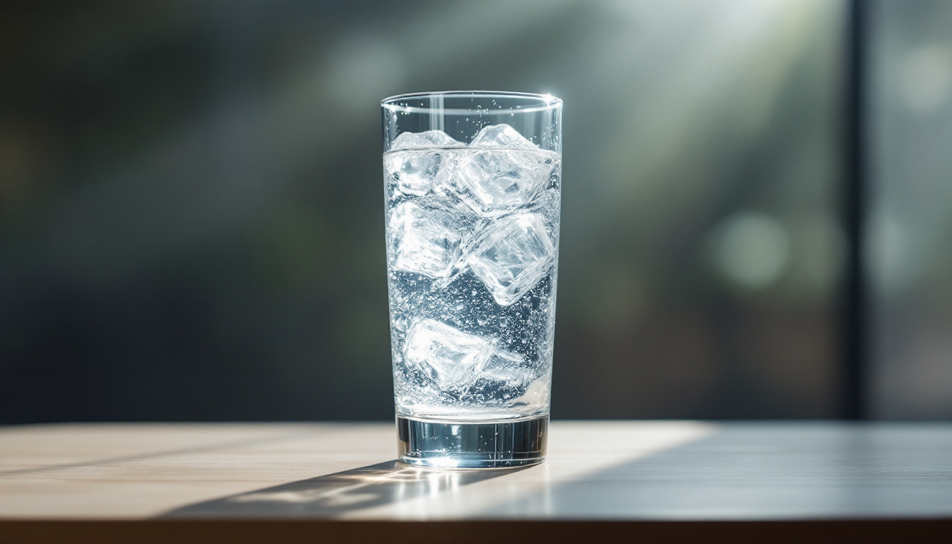 Tall clear glass of ice-cold water