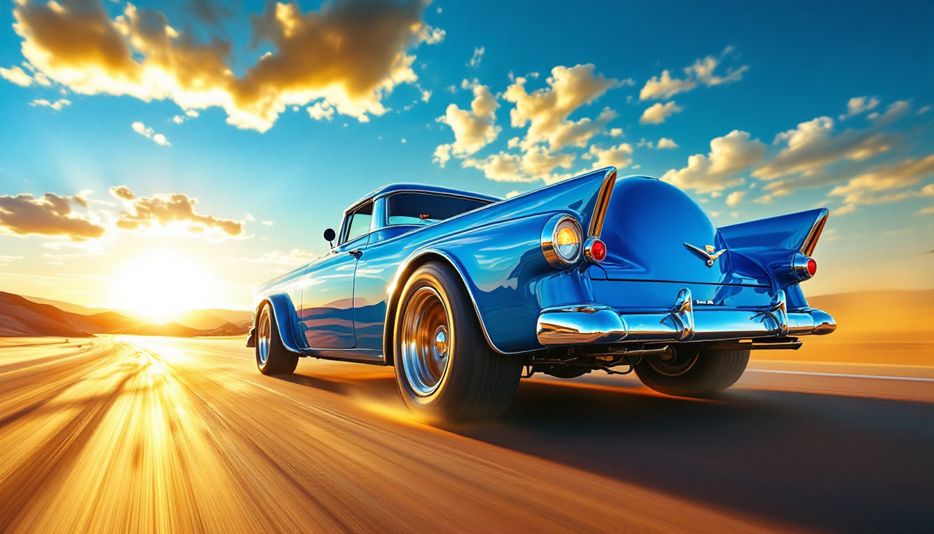 Vibrant blue vehicle with chrome highlights, driving across a desert at sunset, speed and power radiating.