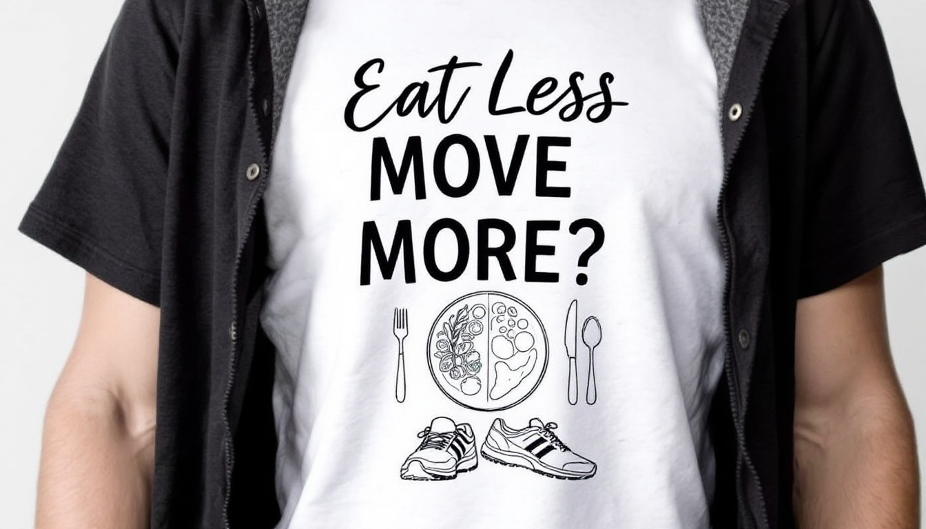 A modern fitness-themed t-shirt displaying sleek black text "Eat Less Move More?" over a detailed illustration of a balanced plate of food and a pair of running shoes below.