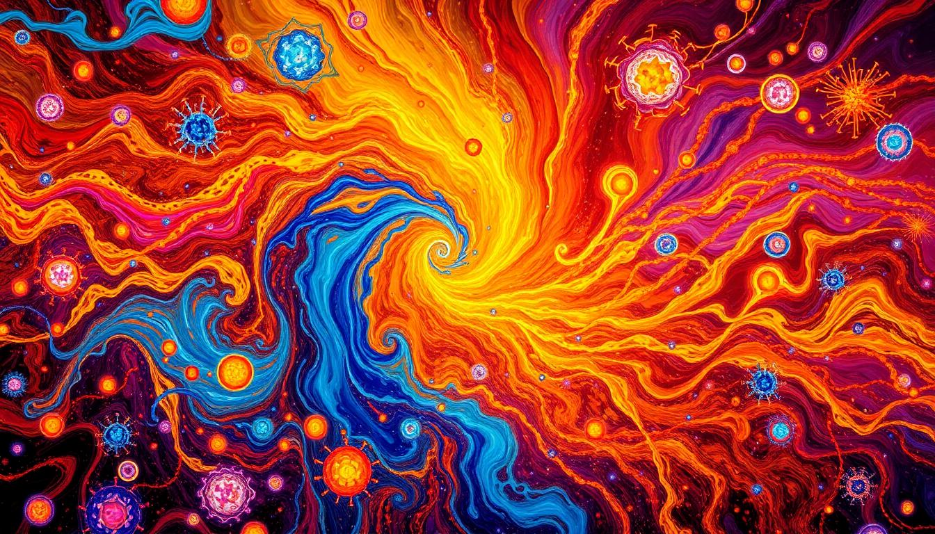 A swirling abstract painting representing the concept of undefined, with bold strokes and chaotic colors. Include hidden symbols that hint at the risks and side effects of chaotic creativity.