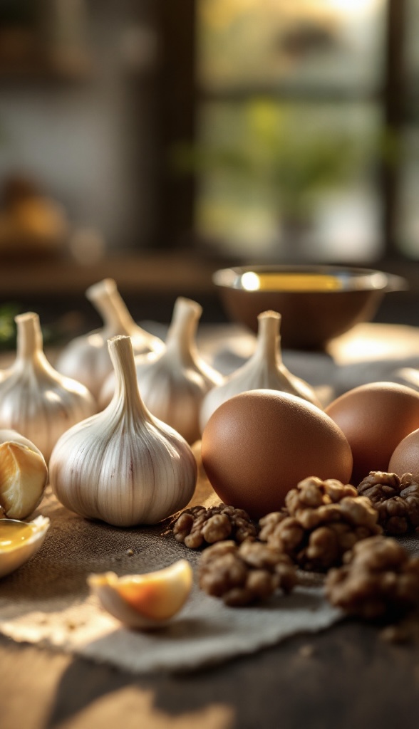 artful display of overlooked superfoods such as garlic, eggs, and walnuts