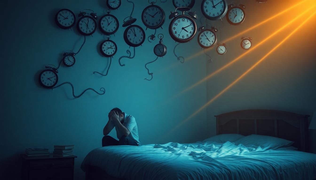 A dimly lit bedroom bathed in a pale, bluish glow. A figure sits on the edge of a bed, clutching their head as twisted, shadowy tendrils coil around them, whispering stress into the air. Above, a swarm of mismatched clocks floats, their hands spinning erratically, while streaks of warm, golden light try to break through the darkness—the struggle between sleep and stress.