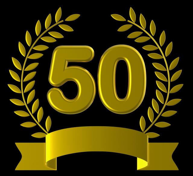 Fiftieth written in gold lettering.