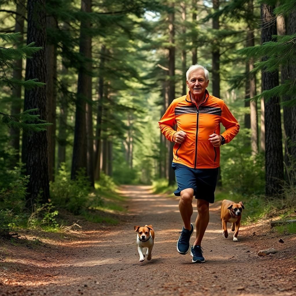 A sprightly senior man jogging along a secluded forest trail, shaded by towering pines. His bright athletic jacket pops against the natural greens and browns of the forest. A small, loyal dog runs beside him, their energy in sync
