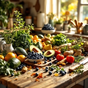 Superfoods displayed on a kitchen counter